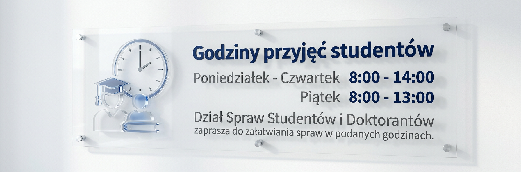 Godziny przyjęć studentów w Dziale Spraw Studentów i Doktorantów Poniedziałek Czwartek 8:00 - 14:00, Piątek 8:00 - 13:00