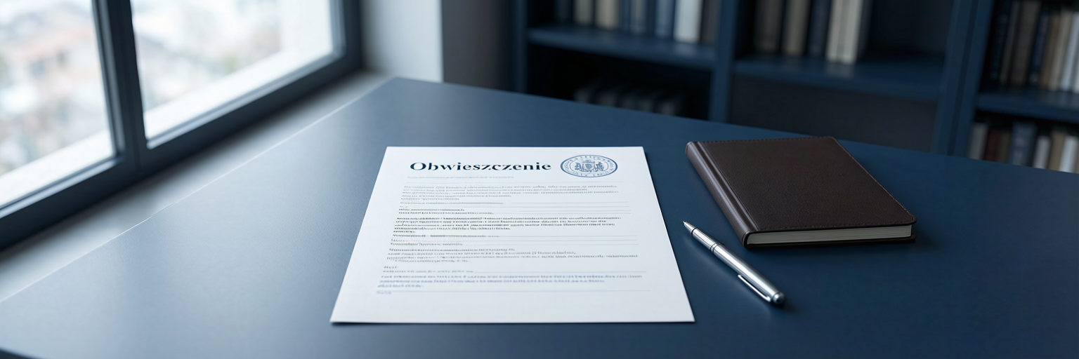 ALT - szaro niebieski blat biurka, na nim notatki długopis, biała kartka z napisem obwieszczenie. Tekst jednolity Regulaminu świadczeń dla studentów UwB.